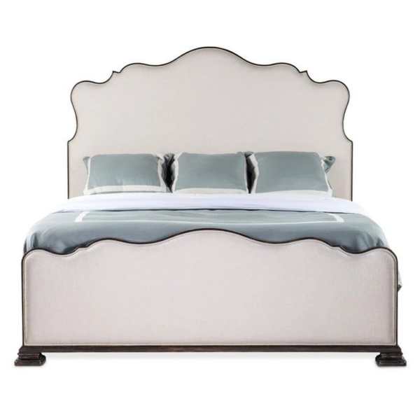 Mid-Century Modern bed with linen upholstery and cream finish