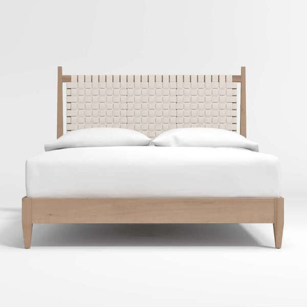 Mid-Century Modern bed with wood frame and woven headboard