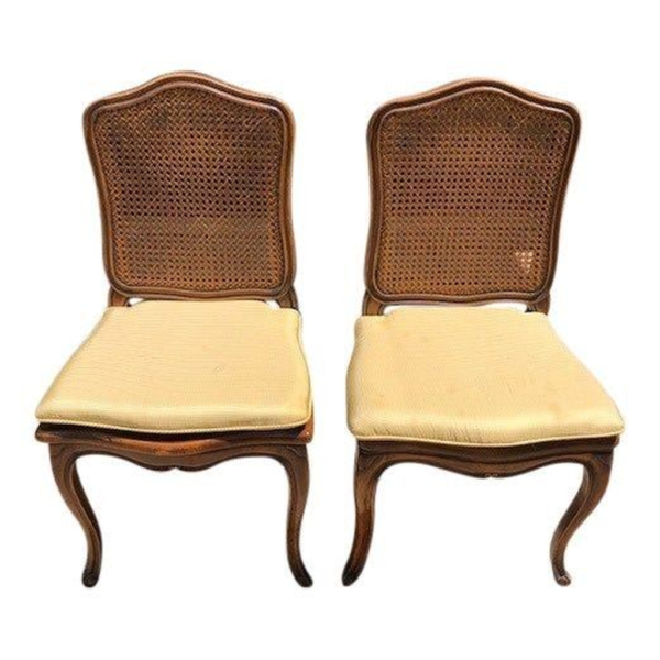 Mid-Century Modern beige upholstered dining chair with wooden frame
