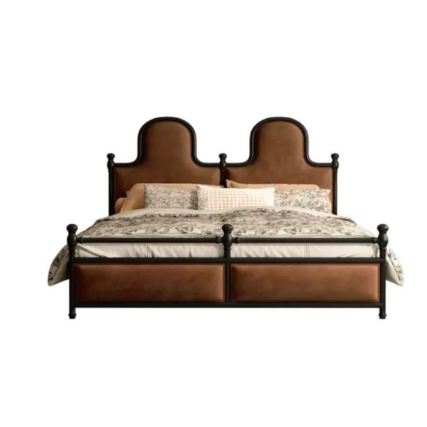 Mid-Century Modern brown fabric headboard bed