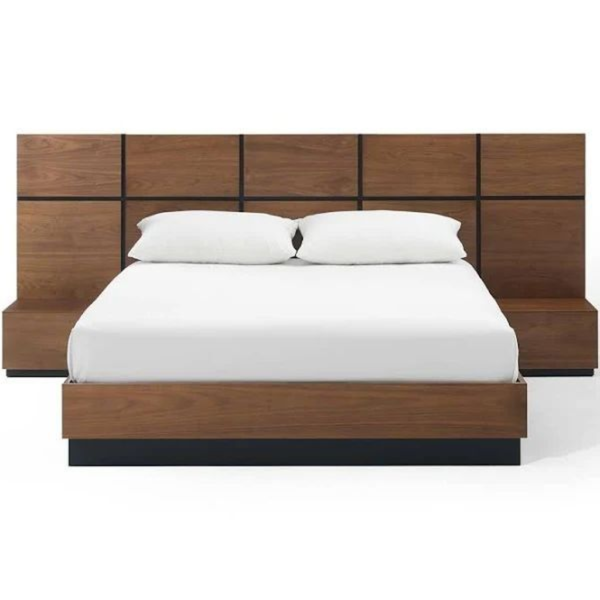 Mid-Century Modern platform bed with wood frame and integrated nightstands