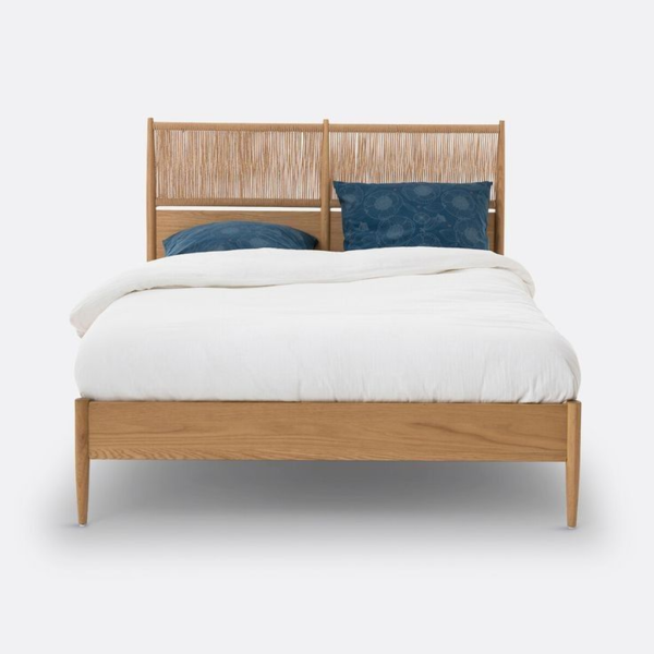 Mid-Century Modern teak wood bed frame with woven headboard