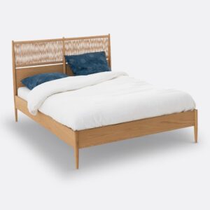 Mid-Century Modern Upholstered Platform Bed with Tufted Headboard, Beige Fabric Bed, Luxurious Design