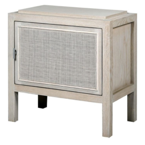 Mid-Century Modern wood and rattan bedside table