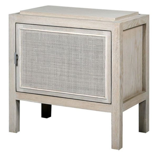 Mid-Century Modern wood and rattan bedside table