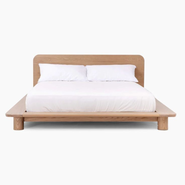 Mid-Century Modern wood platform bed with headboard