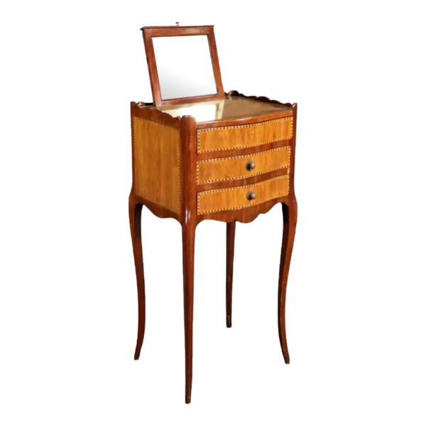 Mid-Century Modern wooden bedside table with mirror and drawers