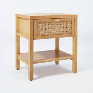 Mid-Century bedside table with rattan drawer