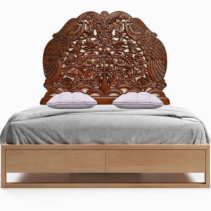 Modern Teak Wood Bed with Carved Headboard