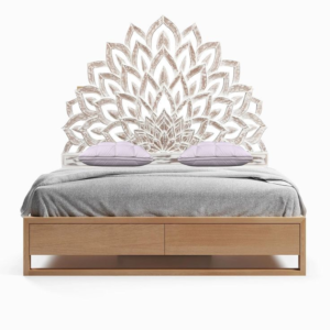 Modern Teak Wood Platform Bed with Floral Headboard