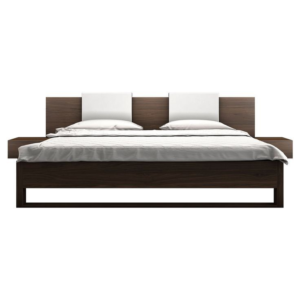 Modern bed with wood platform and white headboard