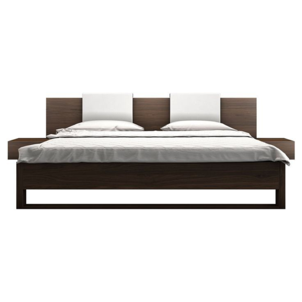 Modern bed with wood platform and white headboard