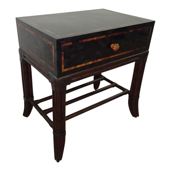 Modern bedside table with drawer storage, wood construction, black and brown finish