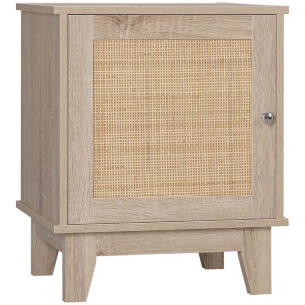 Modern beige bedside table with woven door detail
