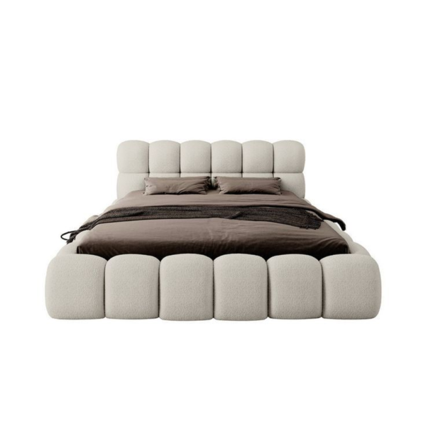 Modern beige upholstered platform bed.
