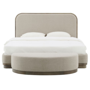 Modern beige upholstered platform bed with wooden frame and bench
