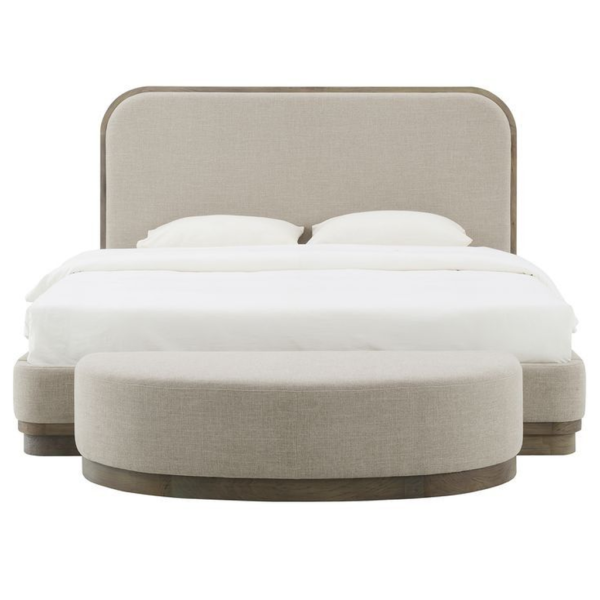 Modern beige upholstered platform bed with wooden frame and bench