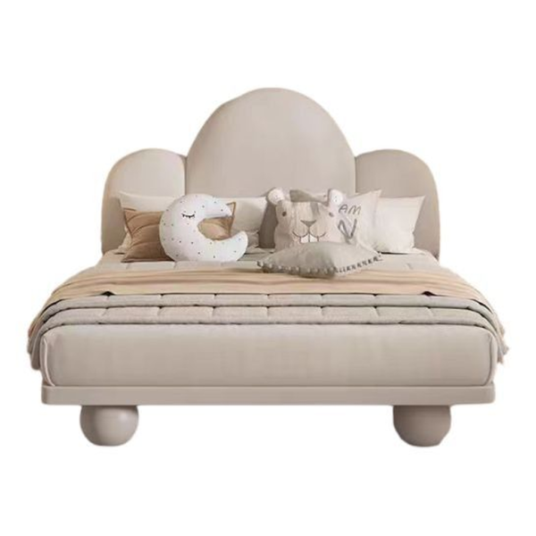 Modern kids bed with cloud headboard in beige fabric