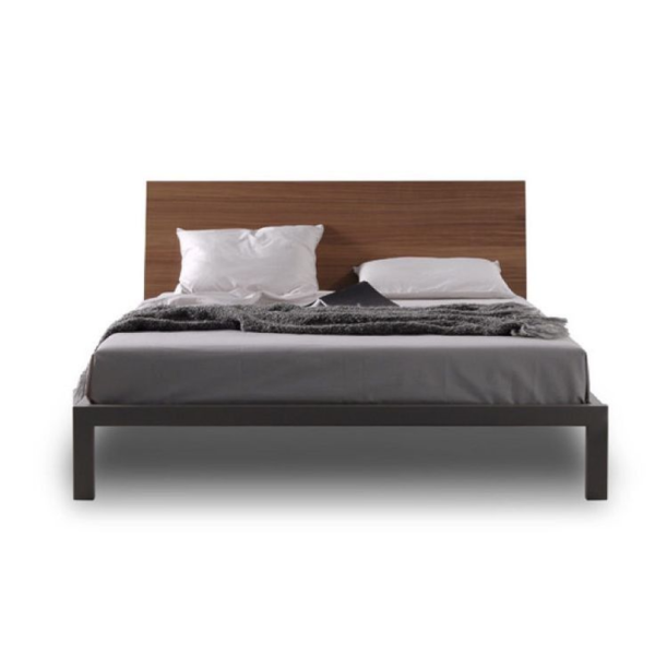 Modern minimalist bed with teak wood frame and grey finish