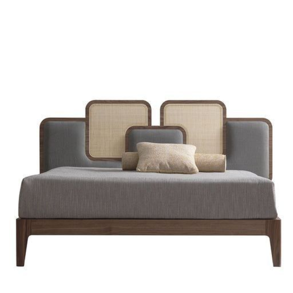 Modern platform bed with rattan headboard