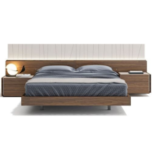 Modern platform bed with teak wood frame and storage nightstands