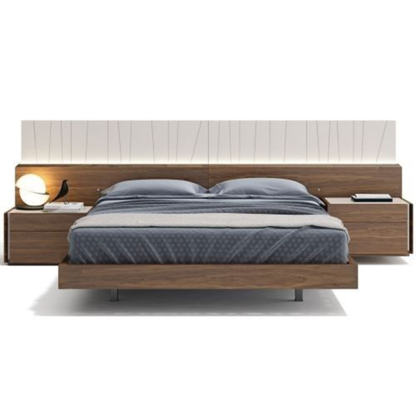 Modern platform bed with teak wood frame and storage nightstands