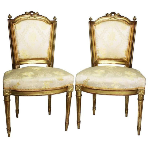 Pair of Gold Louis XV Style Dining Chairs with Decorative Upholstery