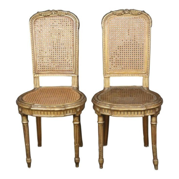 Pair of Louis XVI Style Dining Chairs with Antique Gold Finish