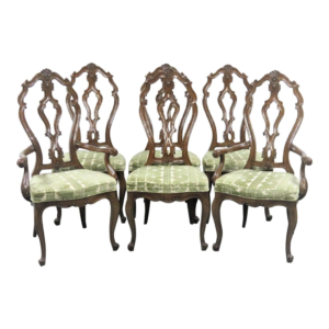 Queen Anne brown wood dining chair with green fabric seat
