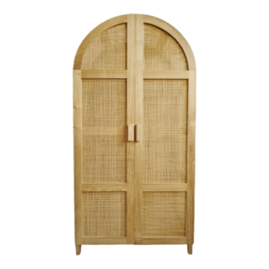 Light Brown Wood Wardrobe with Rattan Panels