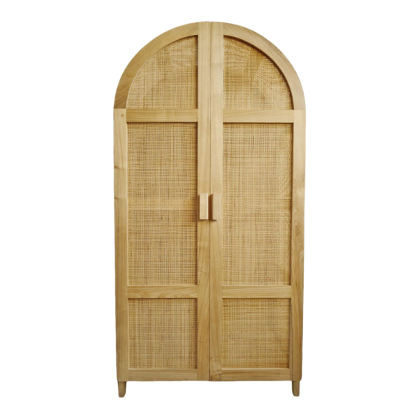 Light Brown Wood Wardrobe with Rattan Panels