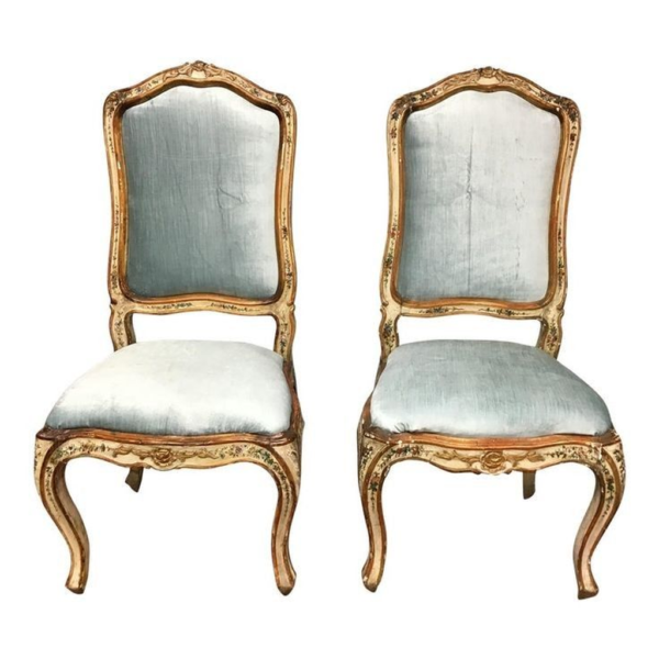 Rococo Era Blue Velvet Dining Chair with Gold Accents