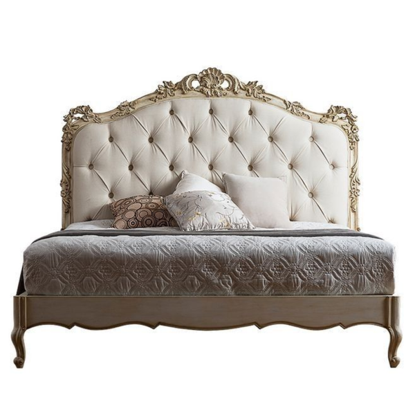 Rococo Style Carved Wood Bed with Upholstered Headboard