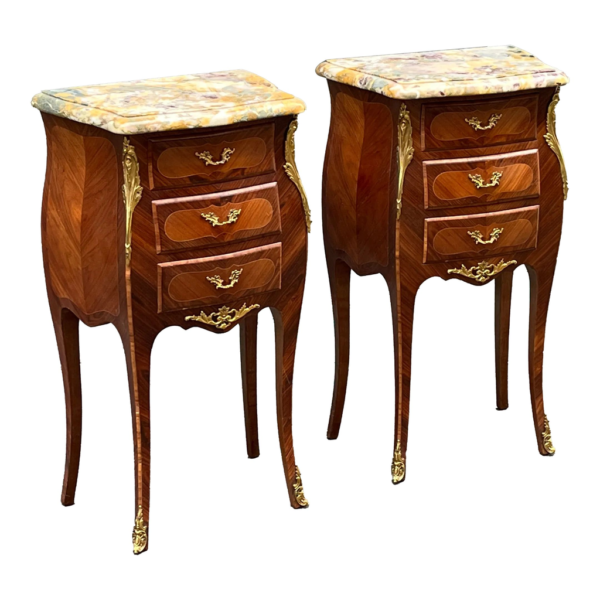 Rococo style wood nightstand with marble top