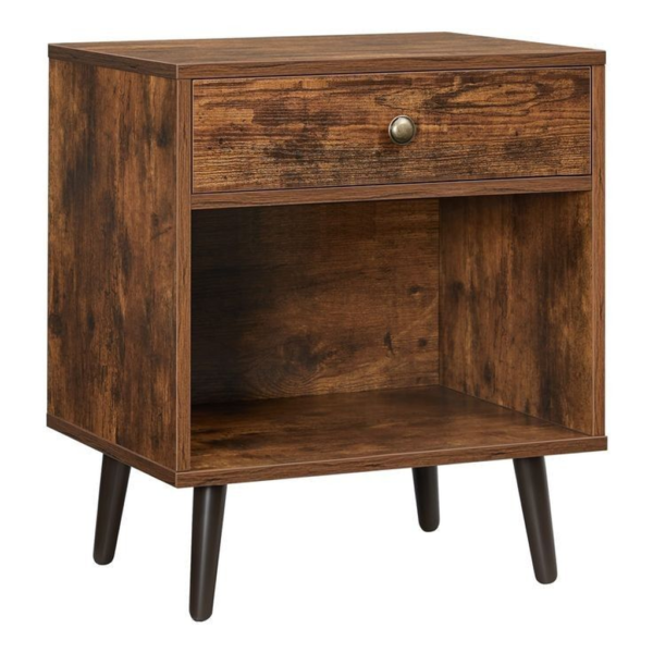 Rustic Brown Mid-Century bedside table with Drawer and Shelf