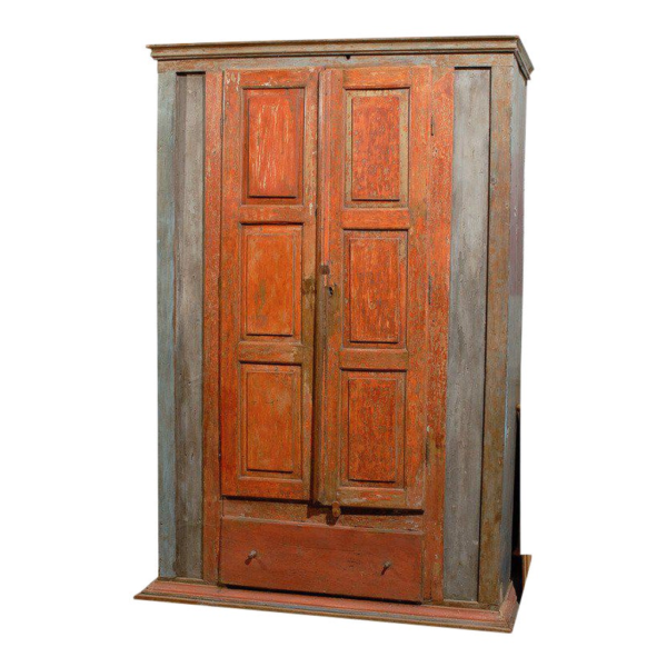 Rustic orange and gray wood wardrobe with weathered finish.