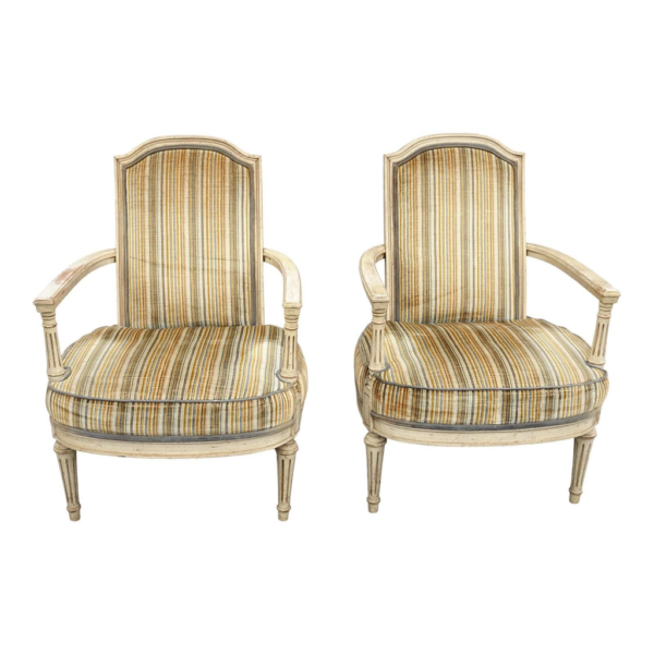 Set of two mid-century modern striped arm dining chairs