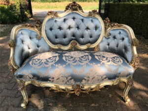 Daabadi Furniture Wholesale Classic Century French Louis XVI Sofa 2 Seater Gold Mahogany Fabric Blue 10