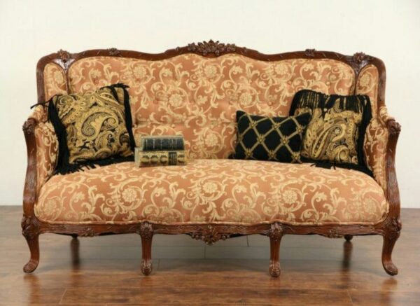 Classic Century French Louis XVI  Sofa 2 Seater - Painted Gold Mahogany - Fabric Multi-Color 100