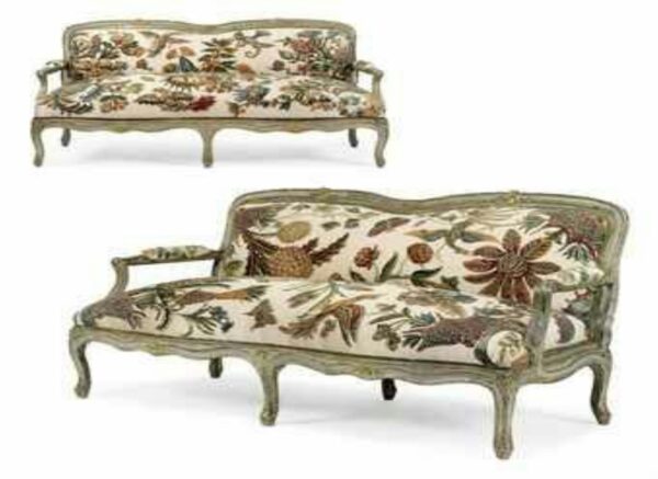 Classic French Louise XV Sofa 2 Seater - Painted Antique Green Mahogany - Fabric Beige 113