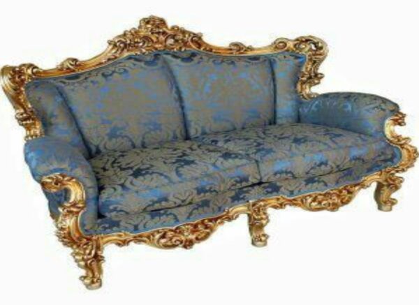 Classic Rococo Sofa 2 Seater - Painted Gold Leaf Mahogany - Fabric Blue 114