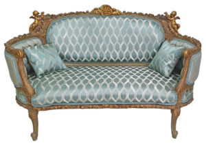 Daabadi Furniture Wholesale Classic Racoco Baroque Sofa 2-Seater Painted Antique Gold Mahogany Fabric Multi-Color