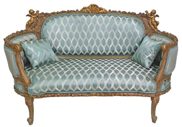 Daabadi Furniture Wholesale Classic Racoco Baroque Sofa 2-Seater Painted Antique Gold Mahogany Fabric Multi-Color