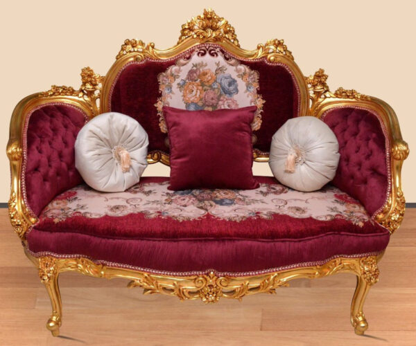 Daabadi Furniture Wholesale Classic Century French Louis XVI Sofa 2-Seater Painted Gold Mahogany Fabric Multi-Color