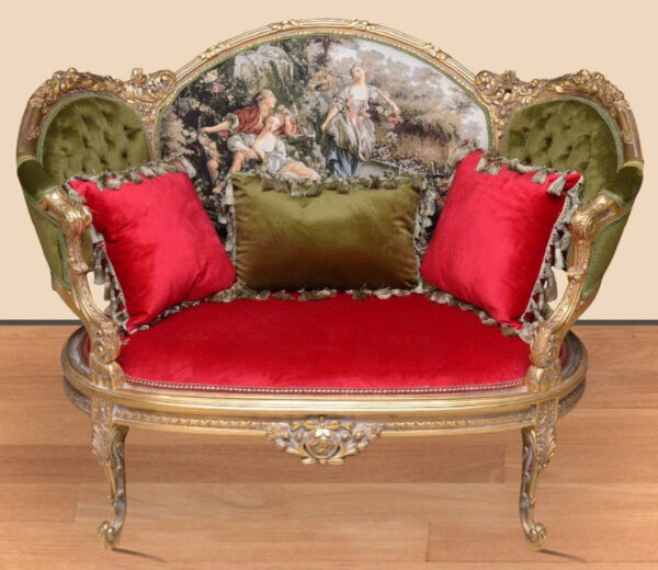 Daabadi Furniture Wholesale Classic Baroque Sofa 2-Seater Painted Antique Gold Mahogany Fabric Multi-Color