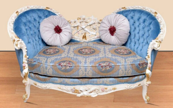Daabadi Furniture Wholesale Classic Baroque Sofa 2-Seater Painted Antique White Duco Mahogany Fabric Multi-Color