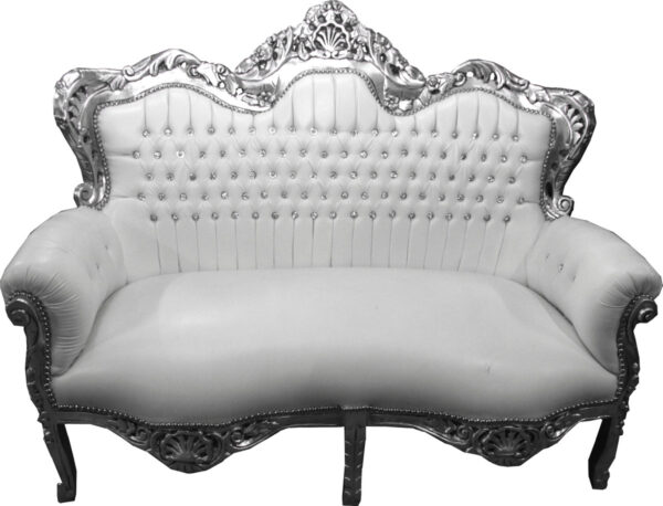 Daabadi Furniture Wholesale Classic Baroque Sofa 2-Seater Painted Silver Mahogany Fabric White-Velvet