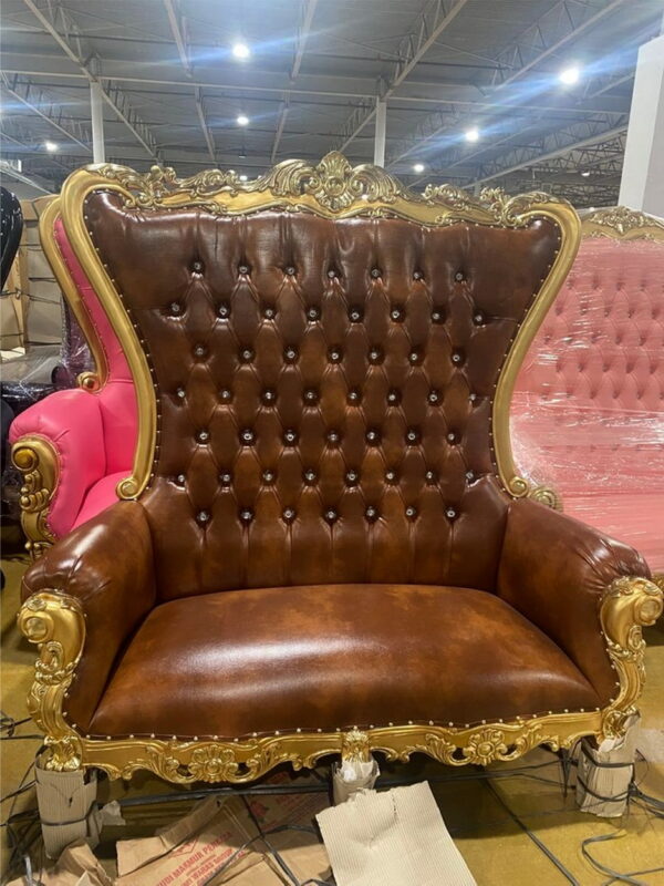 Daabadi Furniture Wholesale Classic Throne Sofa 2 Seater Gold Mahogany Leather Brown 16