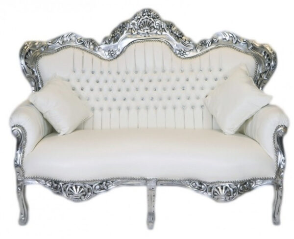 Daabadi Furniture Wholesale Classic Baroque Sofa 2-Seater Painted Silver Mahogany Leather White