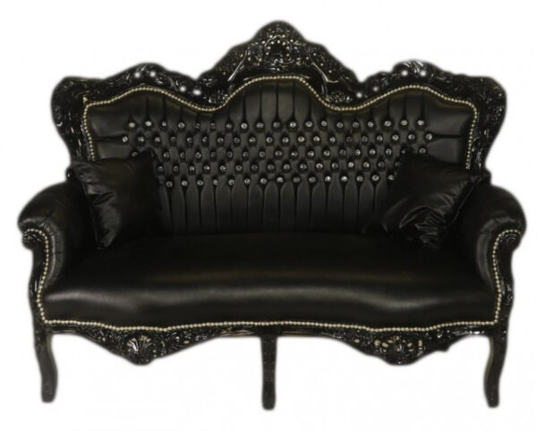 Daabadi Furniture Wholesale Classic Baroque Sofa 2-Seater Painted Black-Duco Mahogany Leather Black